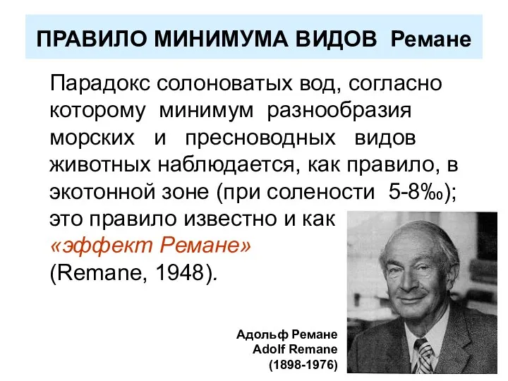 ПРАВИЛО МИНИМУМА ВИДОВ Ремане Парадокс солоноватых вод, согласно которому минимум разнообразия