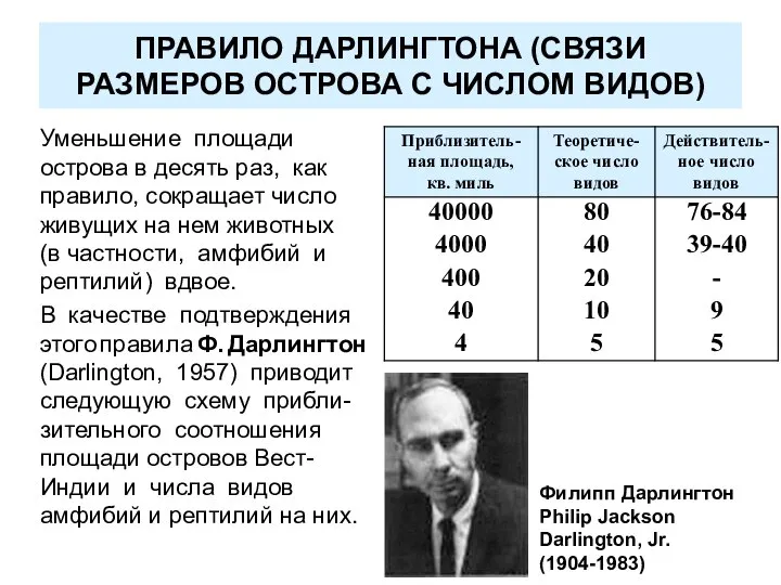 ПРАВИЛО ДАРЛИНГТОНА (СВЯЗИ РАЗМЕРОВ ОСТРОВА С ЧИСЛОМ ВИДОВ) Уменьшение площади острова