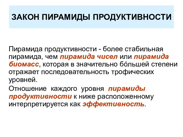 ЗАКОН ПИРАМИДЫ ПРОДУКТИВНОСТИ Пирамида продуктивности - более стабильная пирамида, чем пирамида