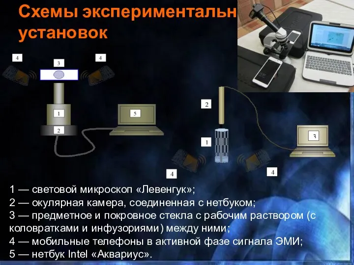 Схемы экспериментальных установок 1 — световой микроскоп «Левенгук»; 2 — окулярная