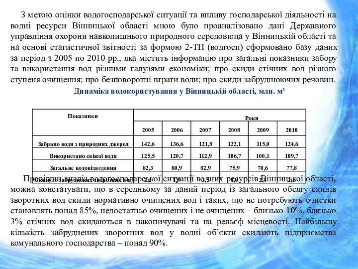 З метою оцінки водогосподарської ситуації та впливу господарської діяльності на водні