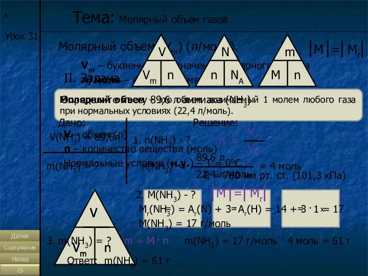 * Тема: Молярный объем газов. Урок 31 Молярный объем (Vm) (л/моль).