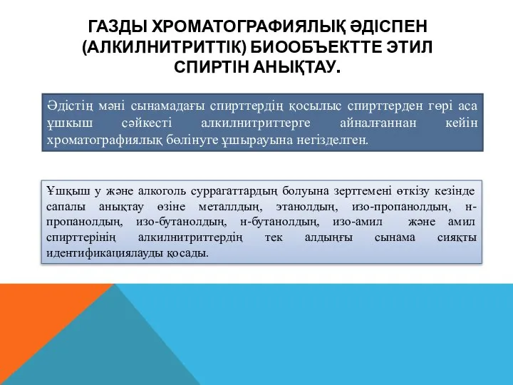 ГАЗДЫ ХРОМАТОГРАФИЯЛЫҚ ӘДІСПЕН (АЛКИЛНИТРИТТІК) БИООБЪЕКТТЕ ЭТИЛ СПИРТІН АНЫҚТАУ. Әдістің мәні сынамадағы