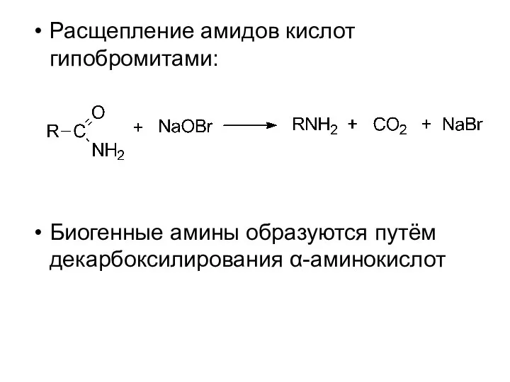 Расщепление амидов кислот гипобромитами: Биогенные амины образуются путём декарбоксилирования α-аминокислот