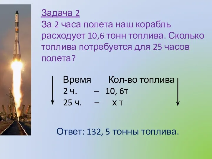 Задача 2 За 2 часа полета наш корабль расходует 10,6 тонн