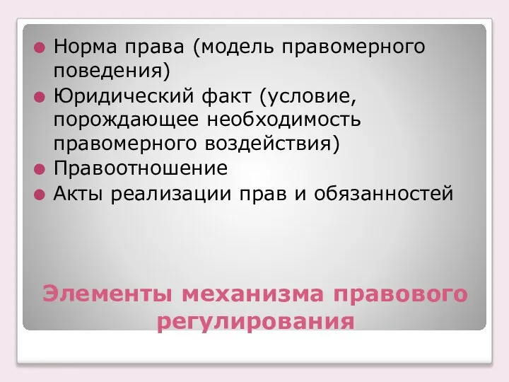 Элементы механизма правового регулирования Норма права (модель правомерного поведения) Юридический факт