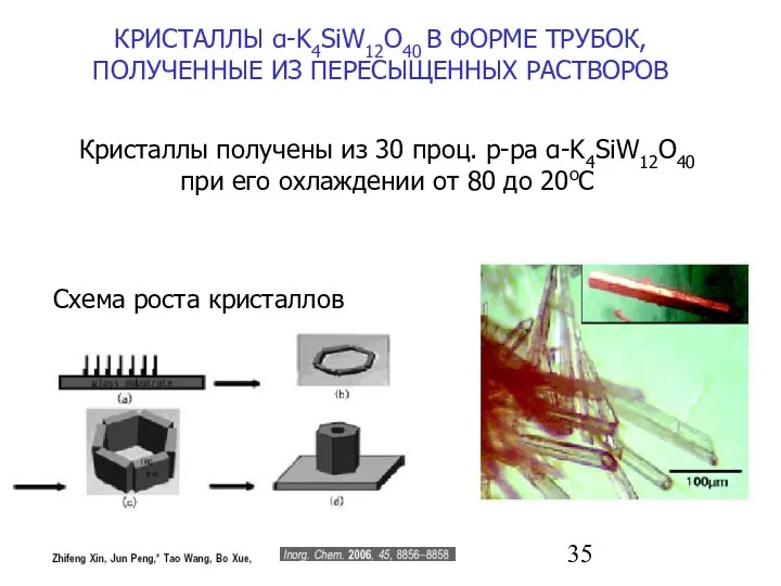 КРИСТАЛЛЫ α-K4SiW12O40 В ФОРМЕ ТРУБОК, ПОЛУЧЕННЫЕ ИЗ ПЕРЕСЫЩЕННЫХ РАСТВОРОВ Кристаллы получены