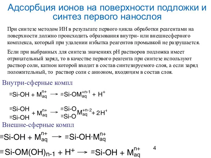 Адсорбция ионов на поверхности подложки и синтез первого нанослоя Внутри-сферные компл