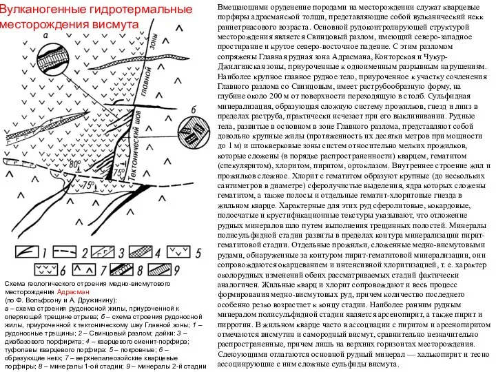 Схема геологического строения медно-висмутового месторождения Адрасман (по Ф. Вольфсону и А.