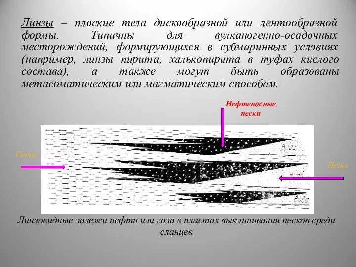 Линзы – плоские тела дискообразной или лентообразной формы. Типичны для вулканогенно-осадочных