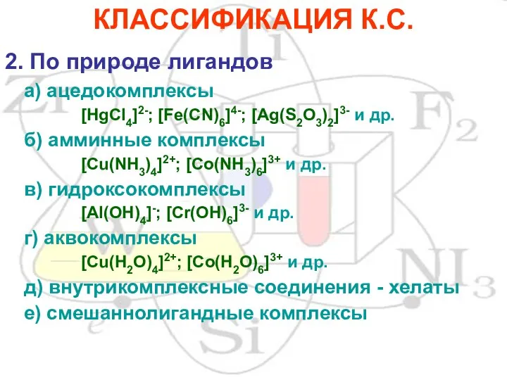 КЛАССИФИКАЦИЯ К.С. 2. По природе лигандов а) ацедокомплексы [HgCl4]2-; [Fe(CN)6]4-; [Ag(S2O3)2]3-