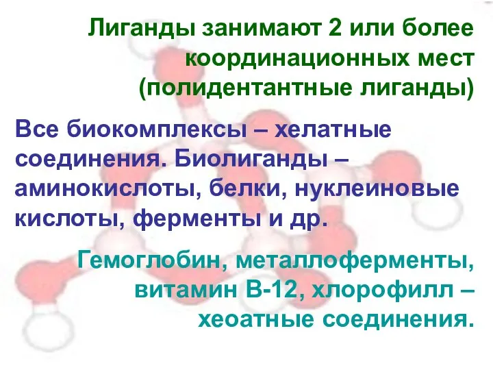 Лиганды занимают 2 или более координационных мест (полидентантные лиганды) Все биокомплексы