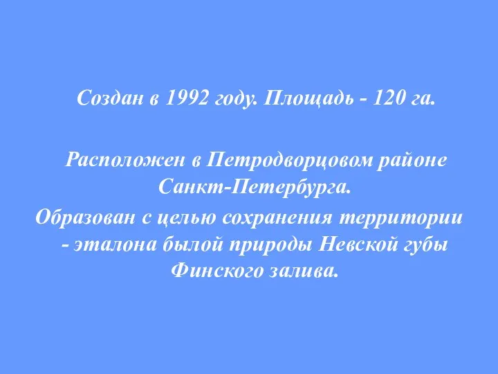 Создан в 1992 году. Площадь - 120 га. Расположен в Петродворцовом