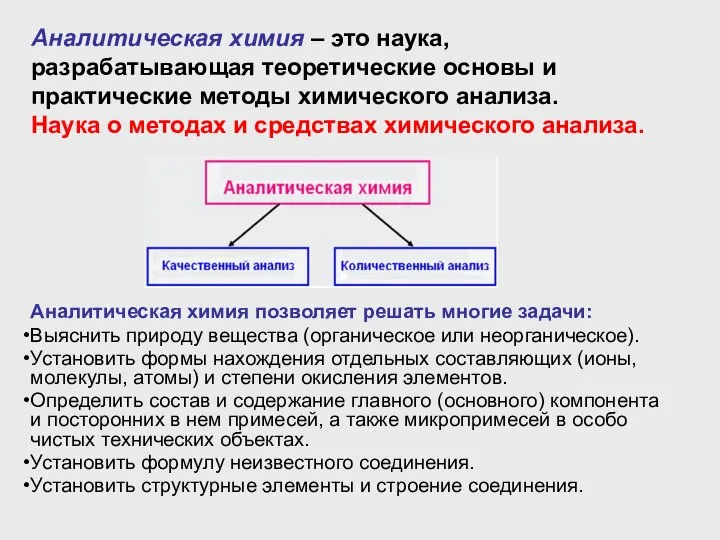 Аналитическая химия – это наука, разрабатывающая теоретические основы и практические методы