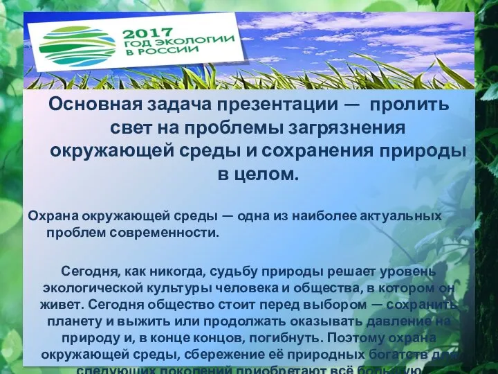 Основная задача презентации — пролить свет на проблемы загрязнения окружающей среды