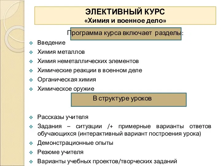 ЭЛЕКТИВНЫЙ КУРС «Химия и военное дело» Программа курса включает разделы: Введение