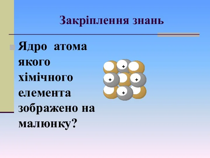 Закріплення знань Ядро атома якого хімічного елемента зображено на малюнку? + + + + +