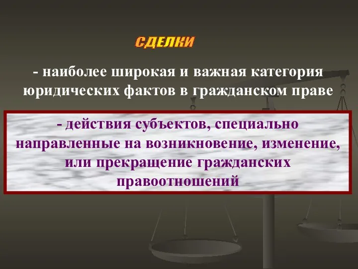 - действия субъектов, специально направленные на возникновение, изменение, или прекращение гражданских правоотношений