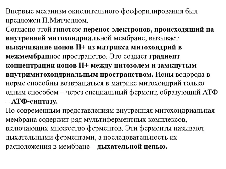 Впервые механизм окислительного фосфорилирования был предложен П.Митчеллом. Согласно этой гипотезе перенос