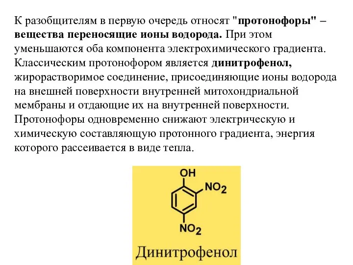 К разобщителям в первую очередь относят "протонофоры" – вещества переносящие ионы