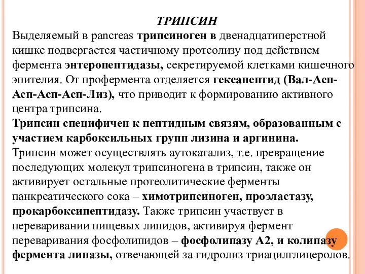 ТРИПСИН Выделяемый в pancreas трипсиноген в двенадцатиперстной кишке подвергается частичному протеолизу