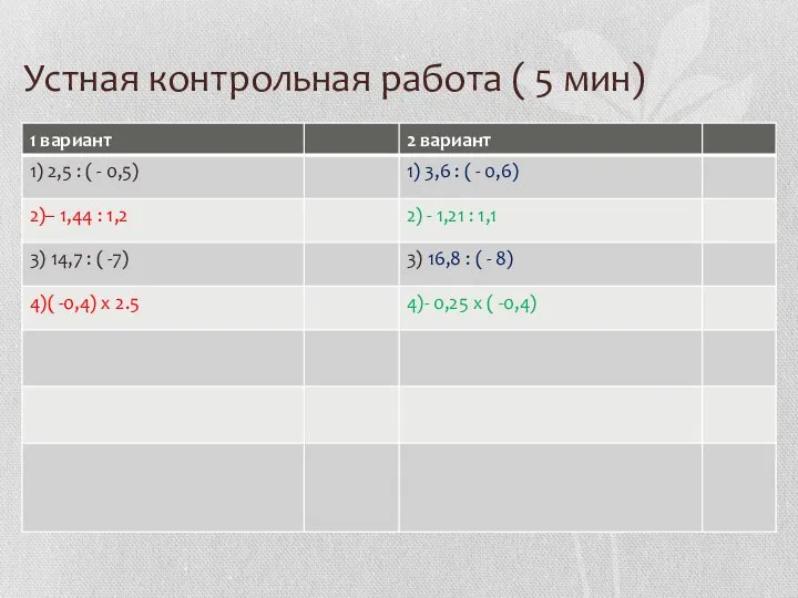 Устная контрольная работа ( 5 мин)