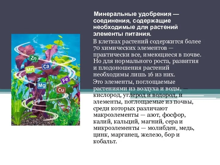 Минеральные удобрения — соединения, содержащие необходимые для растений элементы питания. В