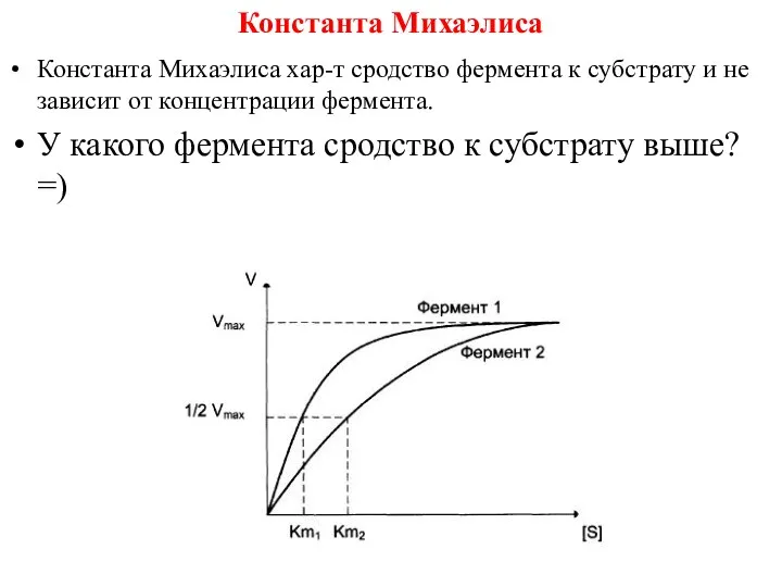 Константа Михаэлиса Константа Михаэлиса хар-т сродство фермента к субстрату и не