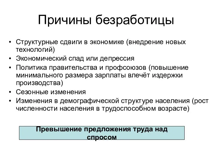 Причины безработицы Структурные сдвиги в экономике (внедрение новых технологий) Экономический спад