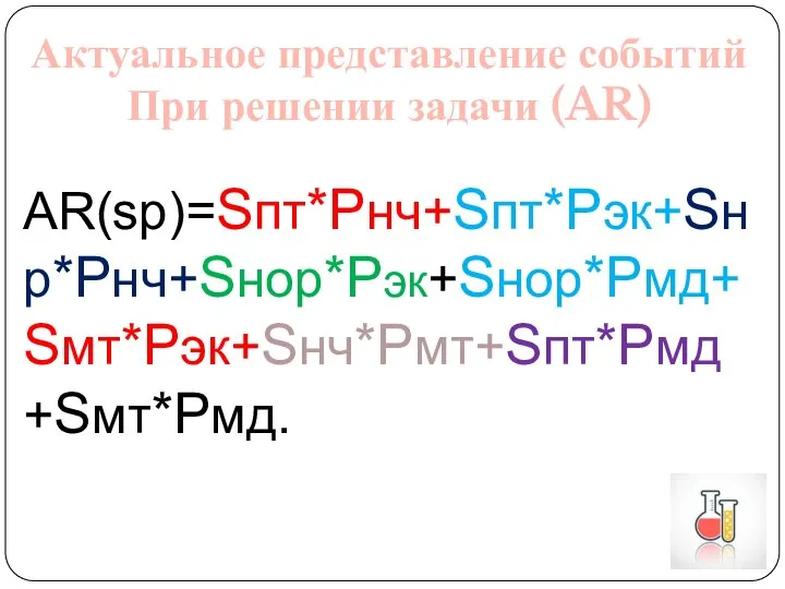 AR(sp)=Sпт*Рнч+Sпт*Рэк+Sнр*Рнч+Sнор*Pэк+Sнор*Рмд+Sмт*Рэк+Sнч*Рмт+Sпт*Рмд+Sмт*Рмд. Актуальное представление событий При решении задачи (AR)