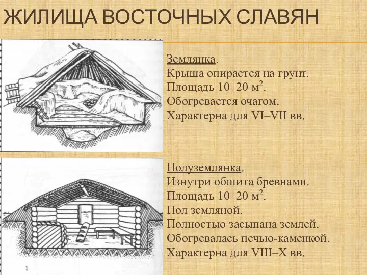 ЖИЛИЩА ВОСТОЧНЫХ СЛАВЯН Землянка. Крыша опирается на грунт. Площадь 10–20 м2.