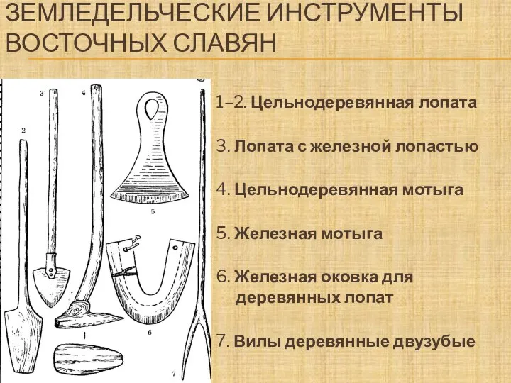 ЗЕМЛЕДЕЛЬЧЕСКИЕ ИНСТРУМЕНТЫ ВОСТОЧНЫХ СЛАВЯН 1–2. Цельнодеревянная лопата 3. Лопата с железной