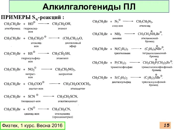 ПРИМЕРЫ SN-реакций : Физтех, 1 курс. Весна 2016 Алкилгалогениды ПЛ