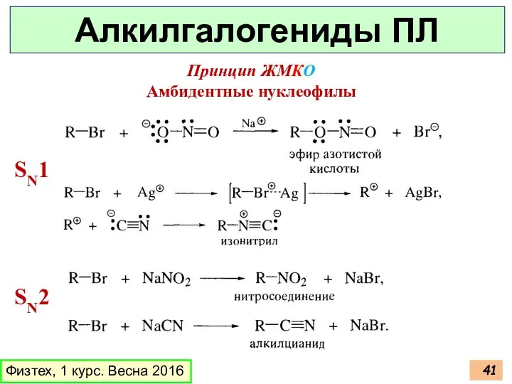 Физтех, 1 курс. Весна 2016 Алкилгалогениды ПЛ SN1 SN2 Принцип ЖМКО Амбидентные нуклеофилы