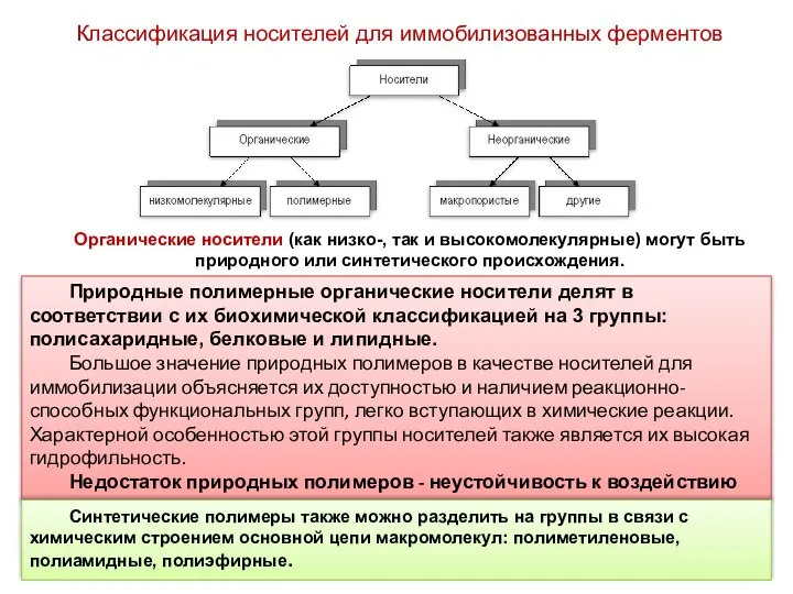 Классификация носителей для иммобилизованных ферментов Природные полимерные органические носители делят в