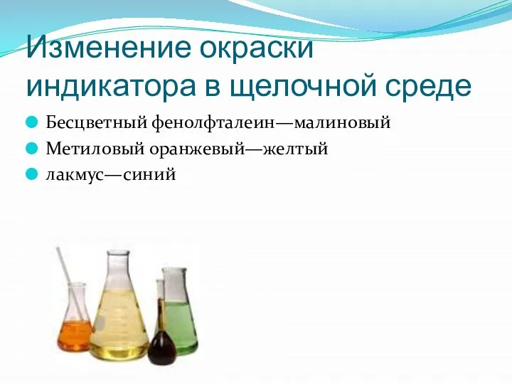 Изменение окраски индикатора в щелочной среде Бесцветный фенолфталеин—малиновый Метиловый оранжевый—желтый лакмус—синий