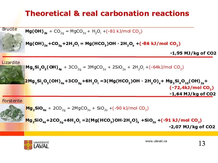 Theoretical & real carbonation reactions Mg3Si2O5(OH)4s + 3CO2g = 3MgCO3s +