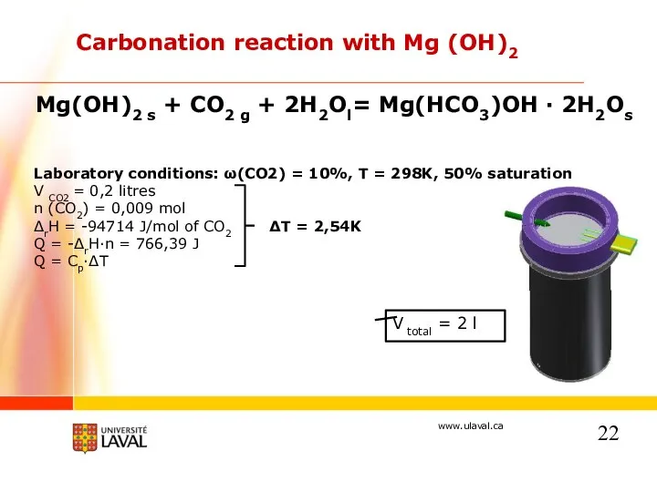 Carbonation reaction with Mg (OH)2 Mg(OH)2 s + CO2 g +