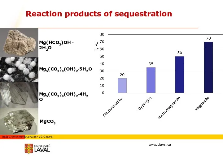 Reaction products of sequestration Mg5(CO3)4(OH)2·5H2O Mg5(CO3)4(OH)2·4H2O Mg(HCO3)OH · 2H2O MgCO3 (http://www.mindat.org/min-1979.html)