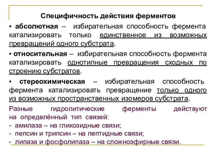 Специфичность действия ферментов ▪ абсолютная – избирательная способность фермента катализировать только