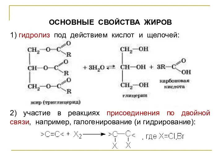 ОСНОВНЫЕ СВОЙСТВА ЖИРОВ 1) гидролиз под действием кислот и щелочей: 2)