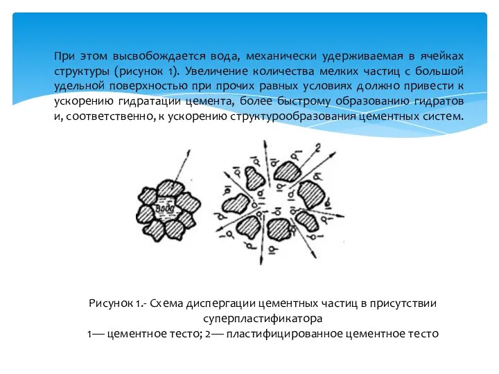 Рисунок 1.- Схема диспергации цементных частиц в присутствии суперпластификатора 1— цементное