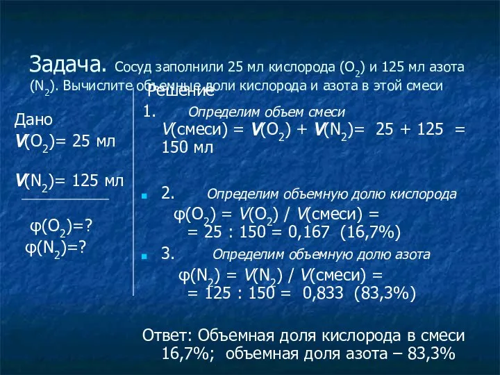 Задача. Сосуд заполнили 25 мл кислорода (O2) и 125 мл азота