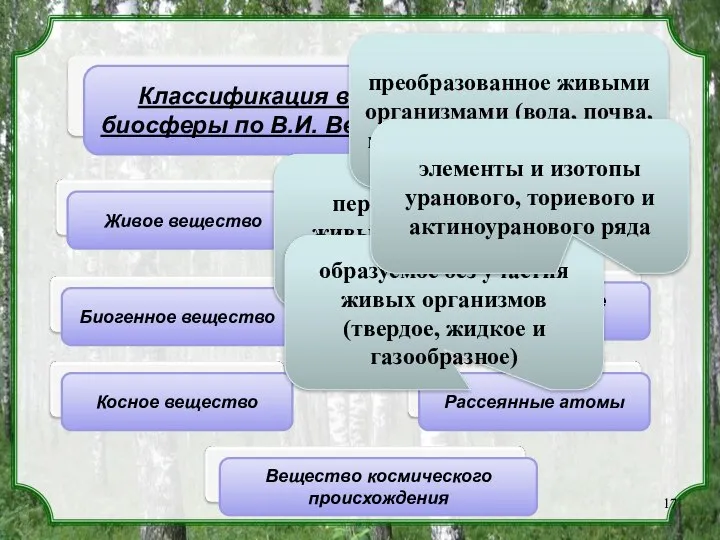 Классификация веществ биосферы по В.И. Вернадскому рождаемое и перерабатываемое живыми организмами