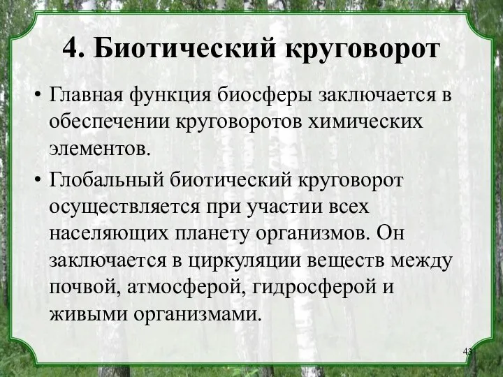 4. Биотический круговорот Главная функция биосферы заключается в обеспечении круговоротов химических