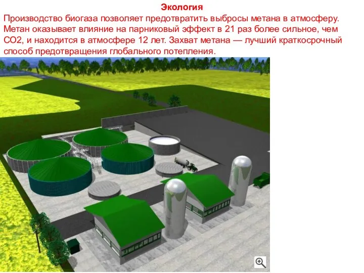 Экология Производство биогаза позволяет предотвратить выбросы метана в атмосферу. Метан оказывает