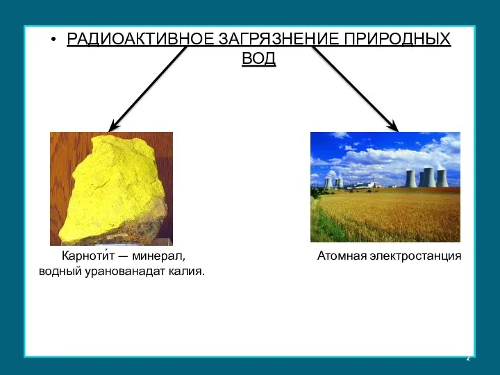 РАДИОАКТИВНОЕ ЗАГРЯЗНЕНИЕ ПРИРОДНЫХ ВОД Карноти́т — минерал, водный уранованадат калия. Атомная электростанция