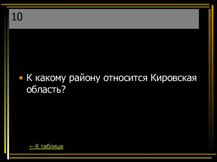 10 К какому району относится Кировская область? ←К таблице