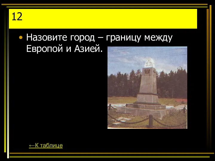 12 Назовите город – границу между Европой и Азией. ←К таблице