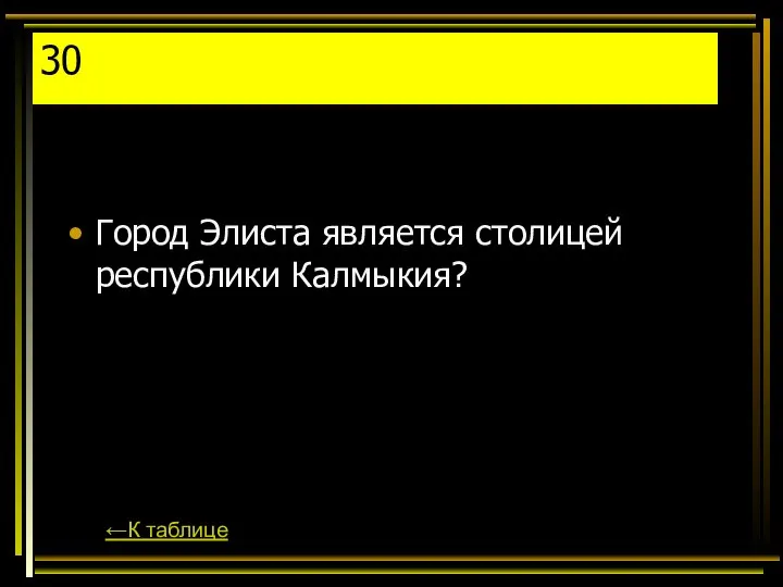 30 Город Элиста является столицей республики Калмыкия? ←К таблице